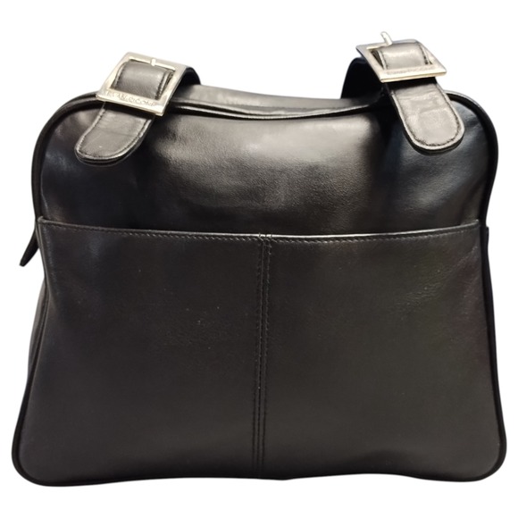 Evan Picone Shoulder Bag Womens Black Genuine Leather Buckle Strap Double Handle - Picture 1 of 12
